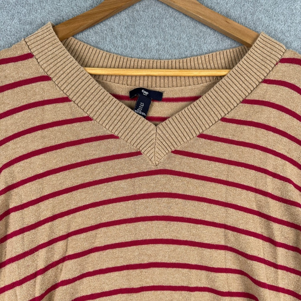 Gap Sweater Womens L‎ Tan Red Striped V-Neck Long Sleeve Pullover Knit Casual